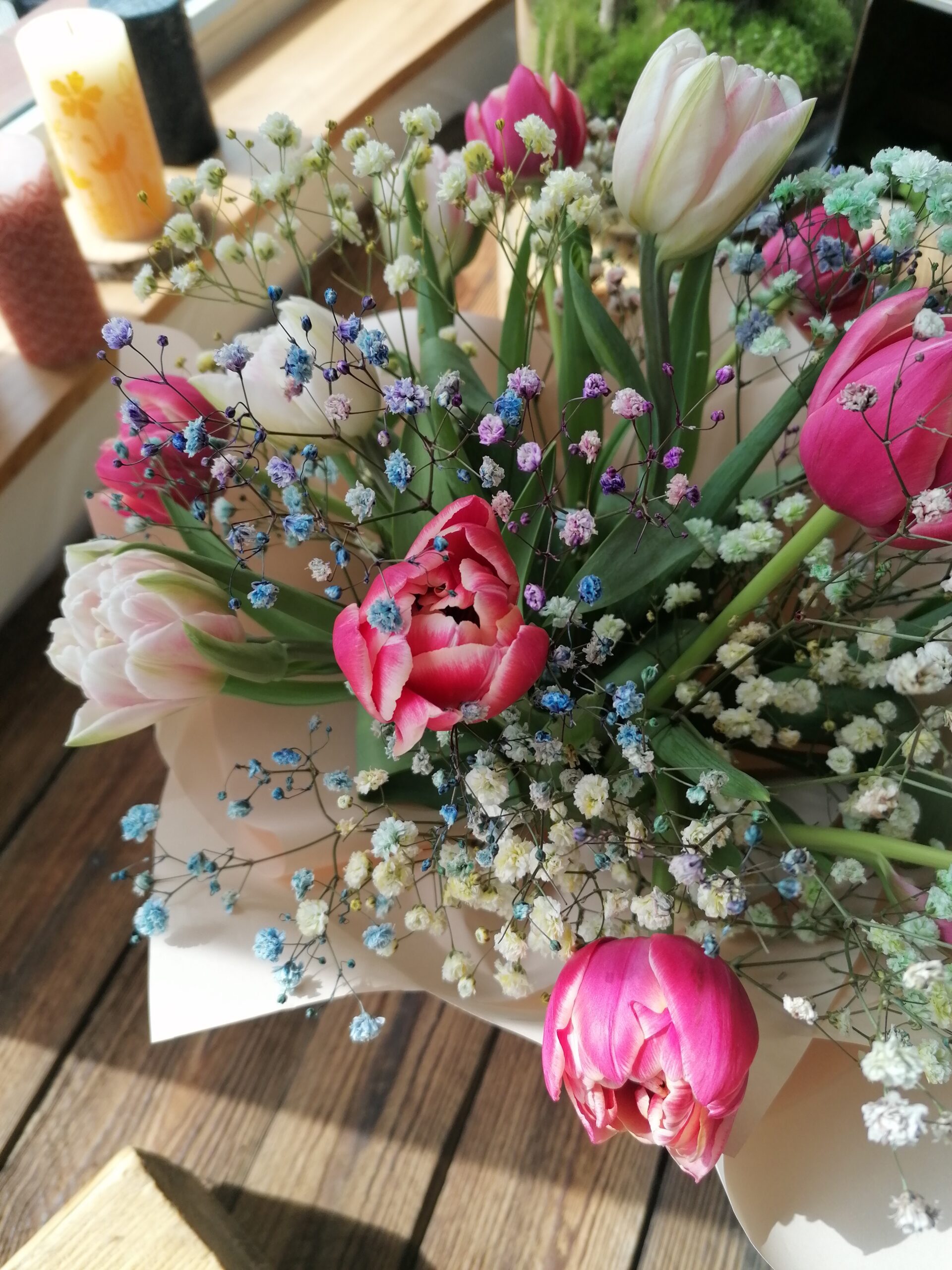 Spring tulips and rainbow gypsophila - that's joy, excitement, enthusiasm all in one!