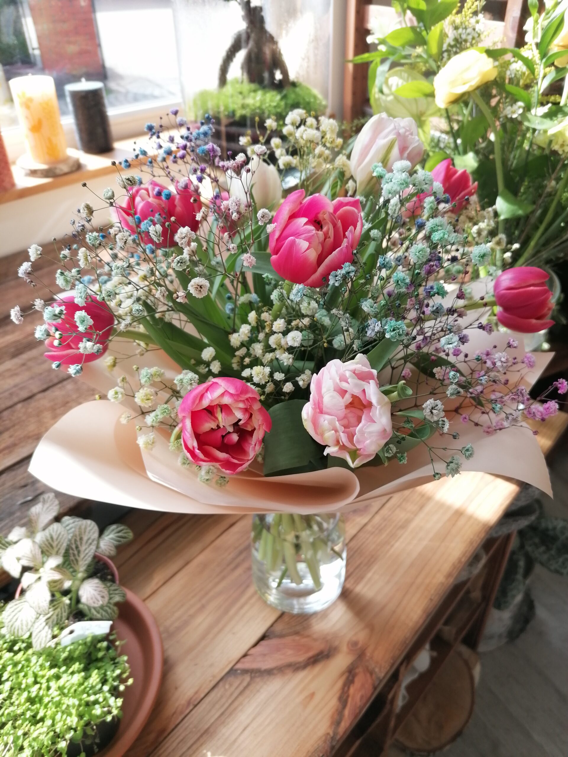 Spring tulips and rainbow gypsophila - that's joy, excitement, enthusiasm all in one!