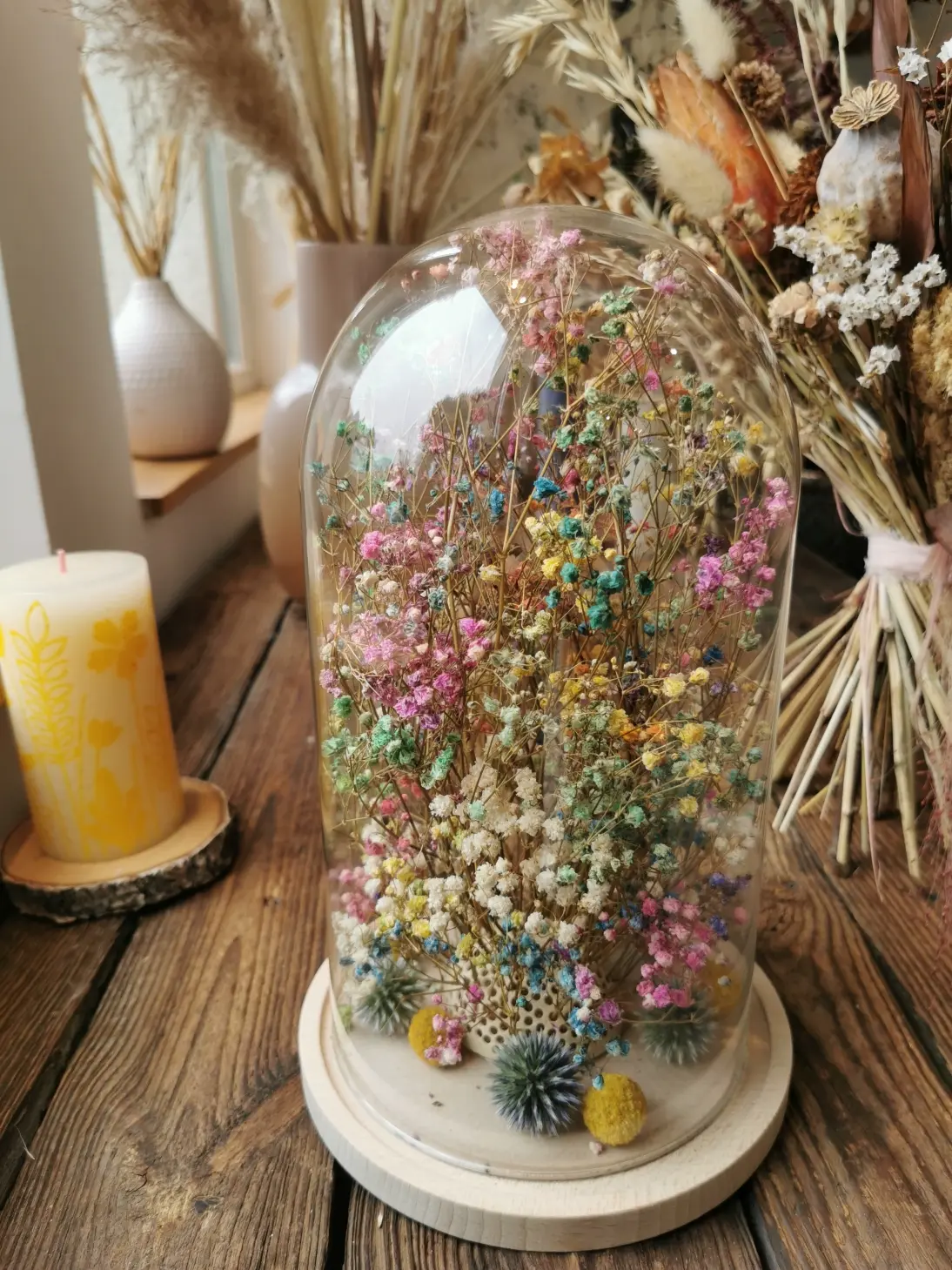 The dried gypsophila in the form of a lampshade will be enjoyed for years to come.